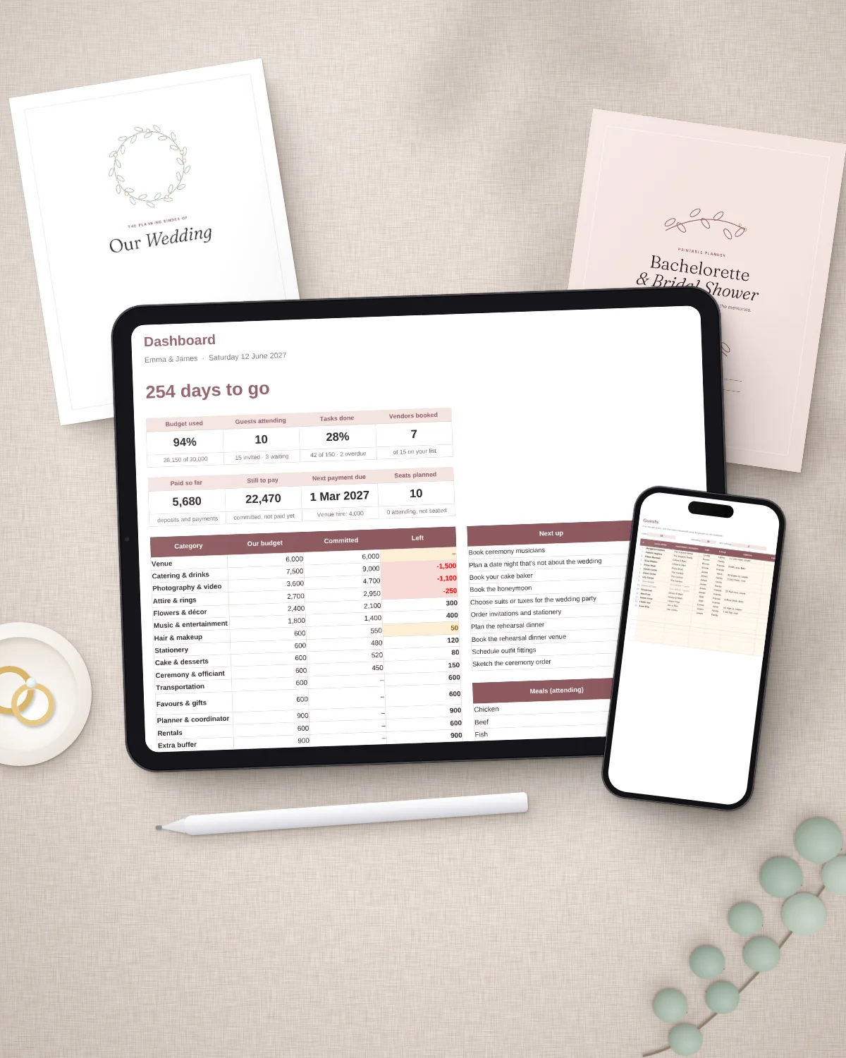 The wedding planner dashboard on an iPad with the guest list on a phone, a ring dish and printed binder covers